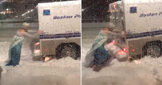 เจ้าหญิงหิมะมาเอง! หนุ่มพลเมืองดีในชุดเอลซ่าโผล่ช่วยเข็นรถตำรวจติดหล่ม